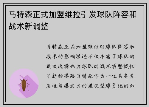 马特森正式加盟维拉引发球队阵容和战术新调整